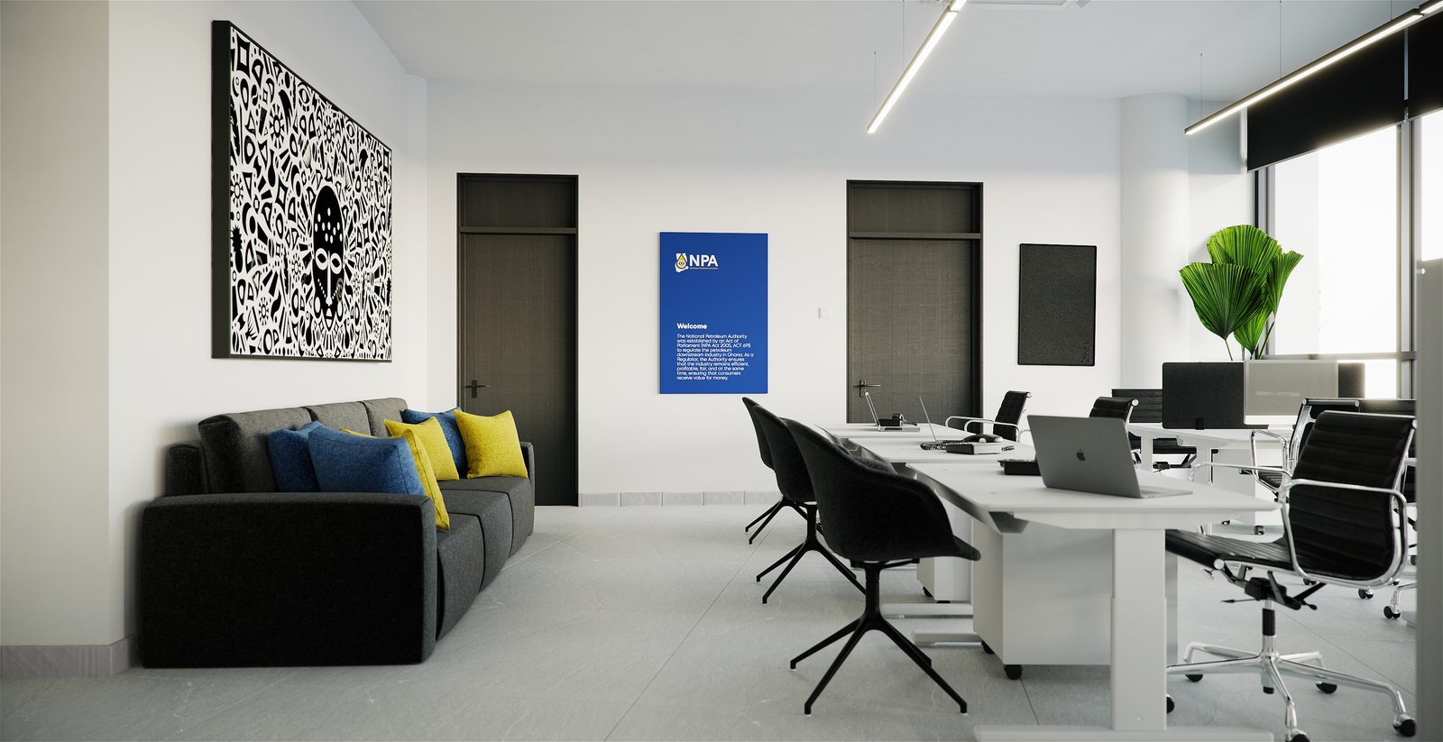 Wide panorama along the NPA desk bank: linear LED pendants overhead, acoustic rafts and ceiling cassettes above, the laser-cut eagle panel and the blue brand wall at the far end, and full-height glazing to the right.