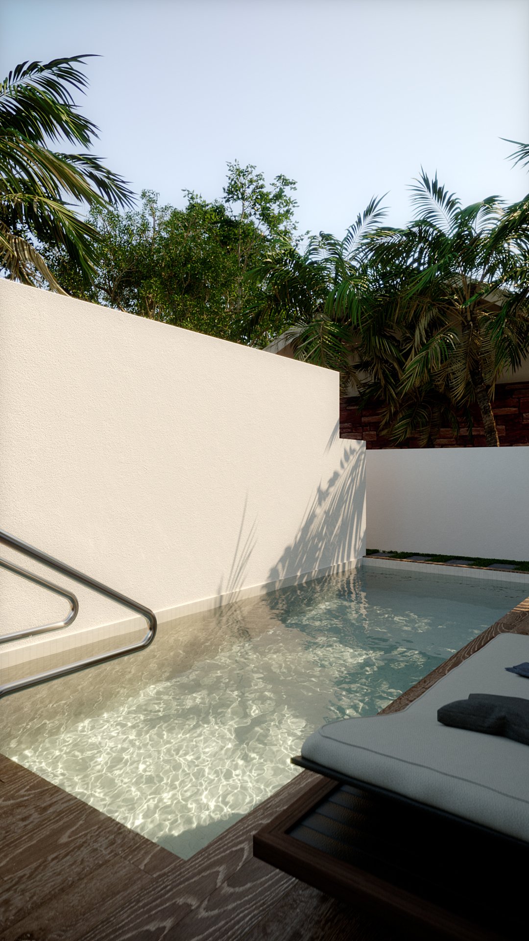 Nyla Court plunge pool from the deck: shallow clear water over pale tiling with a stainless grab rail at the left, a sun lounger and folded towel on timber at the right, and a white rendered privacy wall carrying the shadow of the palms behind it