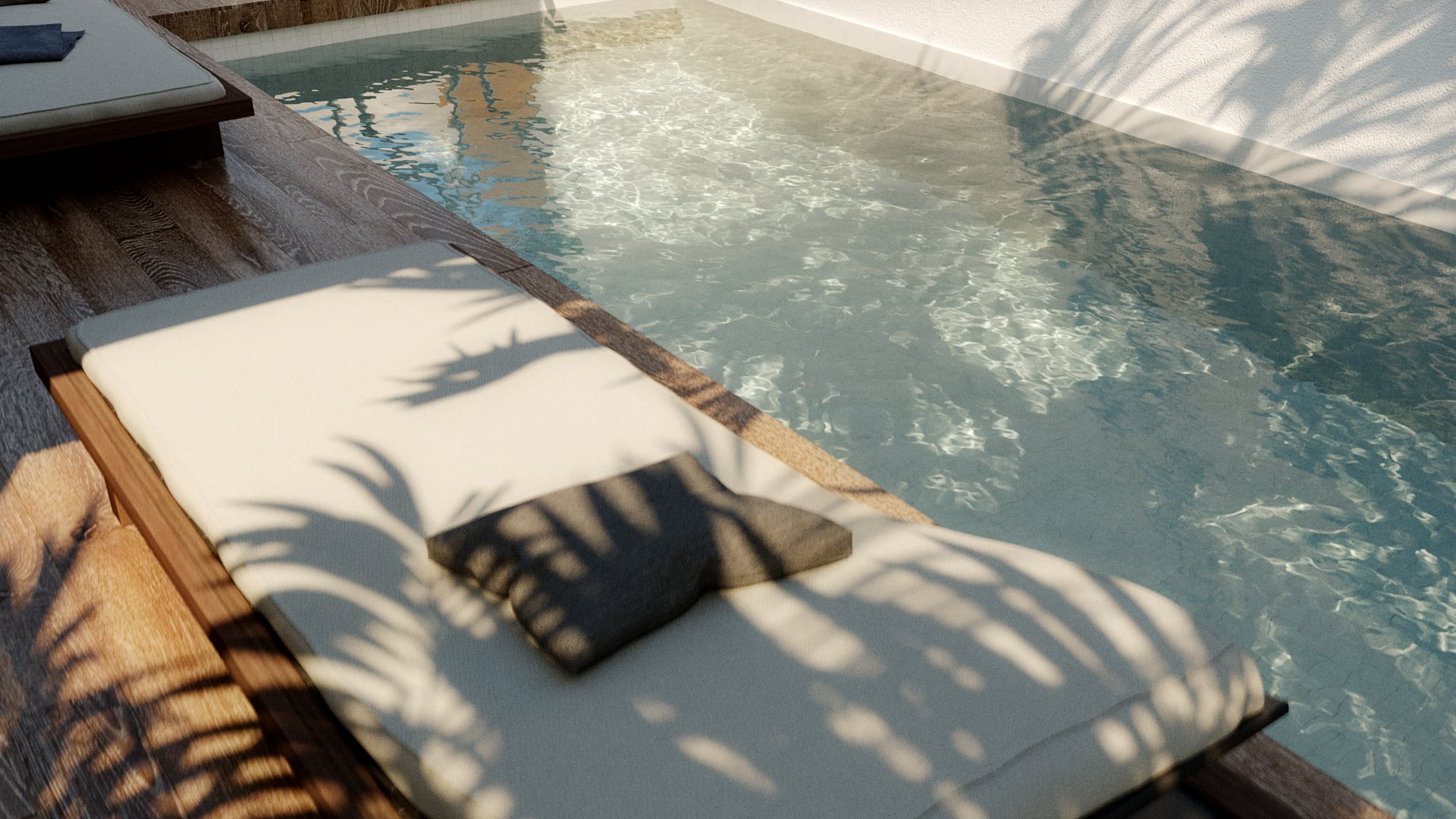 Nyla Court poolside detail: a timber lounger with a pale cushion and grey pillow set into the decking beside rippling shallow water, palm shadow striped across cushion and deck alike