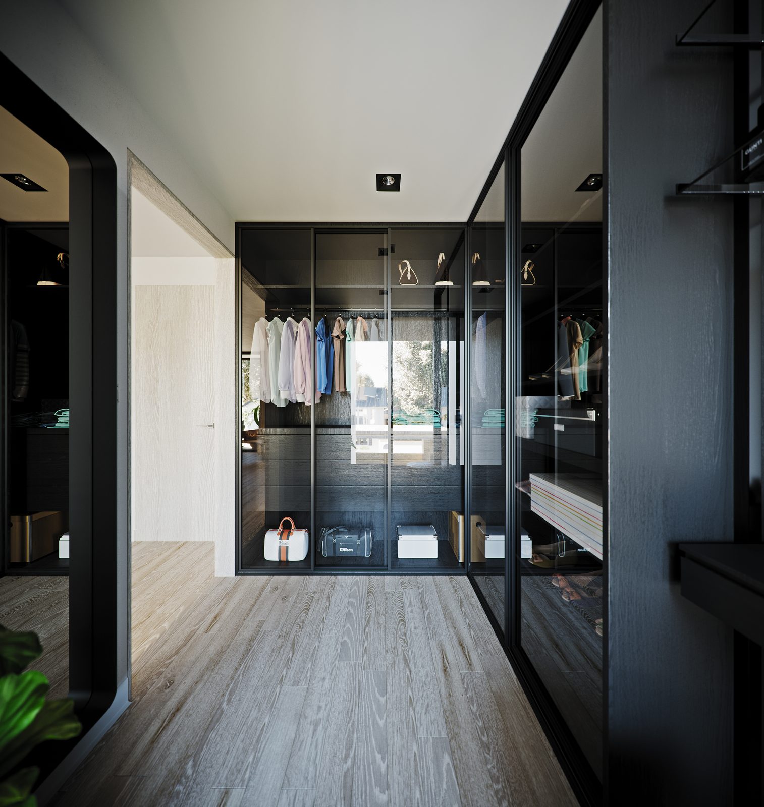 Down the dressing corridor: glass-fronted wardrobes either side and daylight at the end.