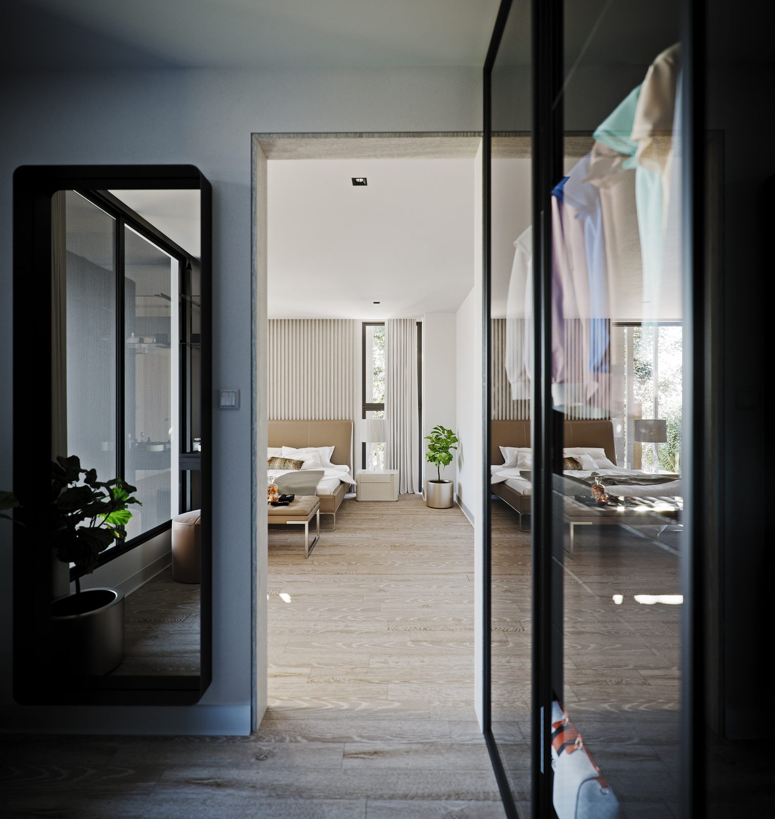 The dressing room seen through the doorway back into the bedroom.