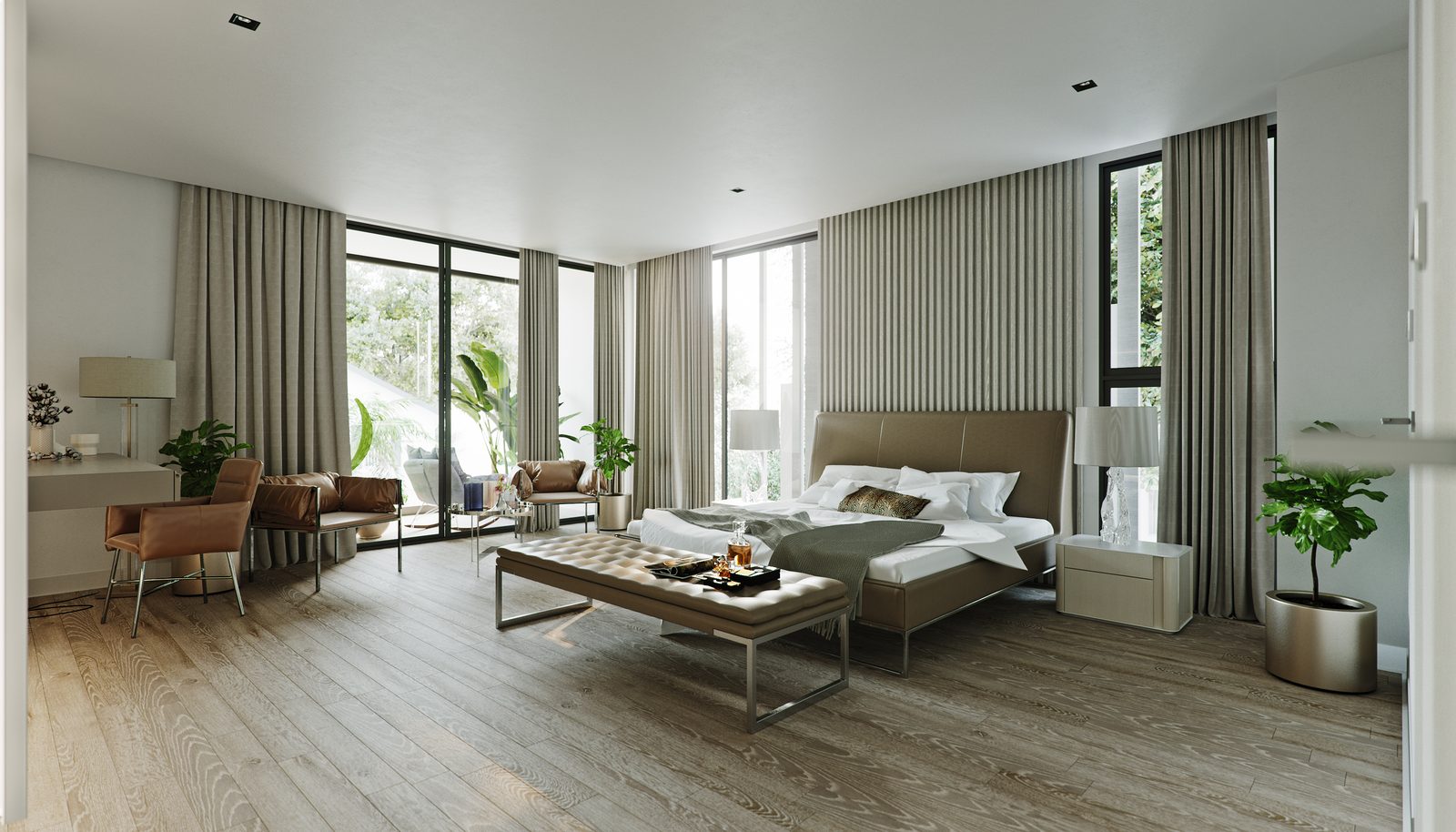 Wide daylight view across the bed to the slatted wall and the seating by the window.