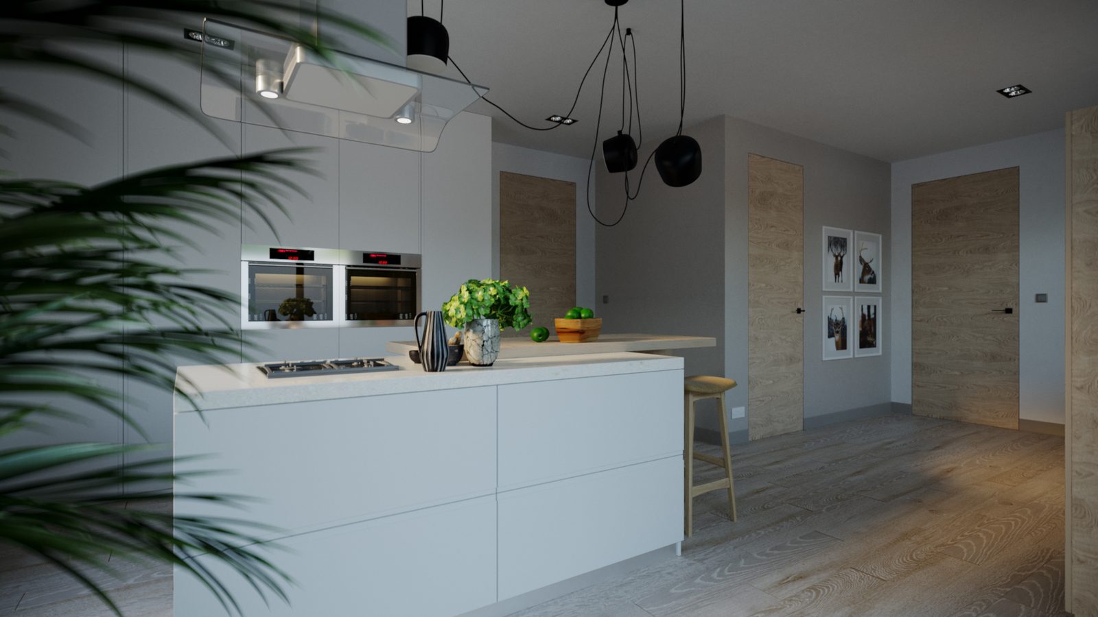 White handleless island with an oak breakfast bar under a cluster of black pendants, on pale oak flooring.