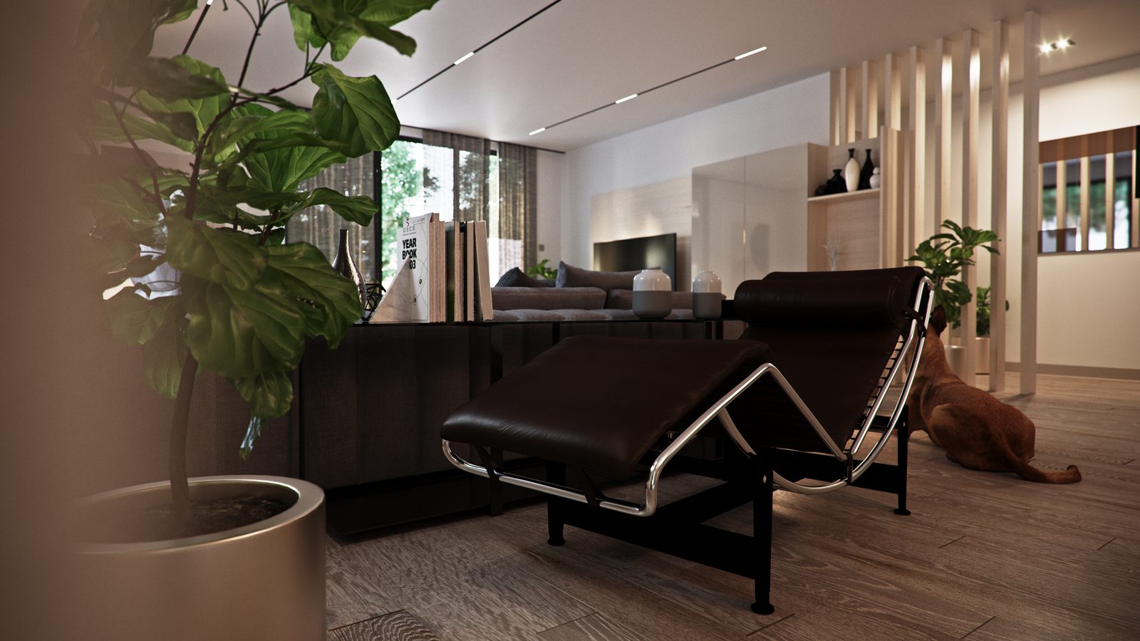 Reading corner with a black leather chaise, a potted fig and the lounge beyond at dusk.