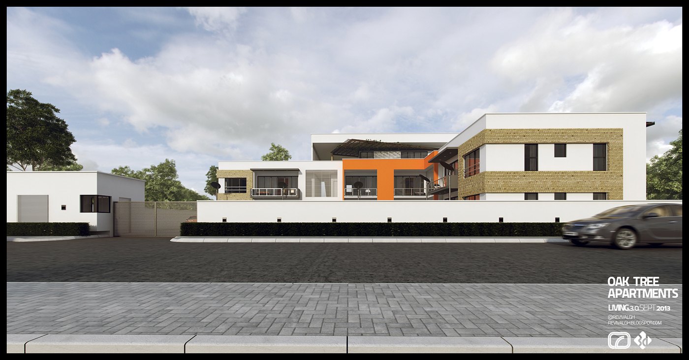 Exterior render of a low apartment block behind a paved forecourt: white and stone clad volumes with an orange entrance bay, a parked car at the right, and the project title with a small credit block at the lower corner.