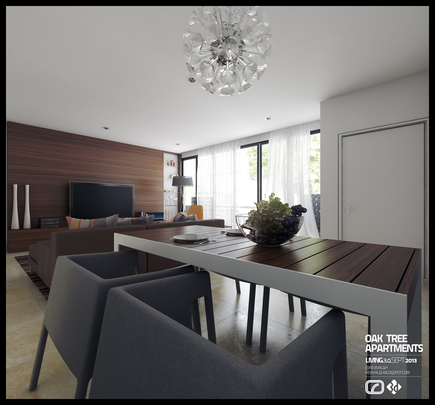 Interior render looking across a dining table toward the lounge: dark wood wall panelling, grey armchairs, a wall-mounted television, floor-to-ceiling windows with sheer curtains, and a cluster pendant of glass baubles above the table.