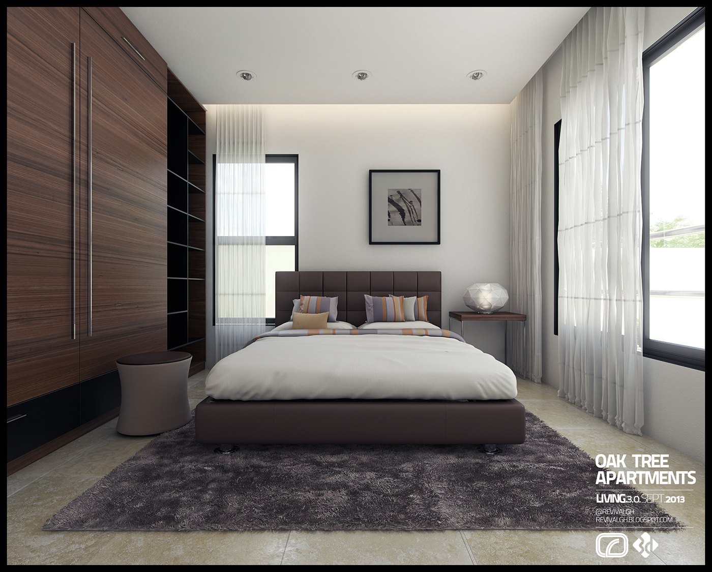 Bedroom render: a low brown bed with white linen and striped cushions against a dark wood wardrobe wall, a grey shaggy rug underfoot, framed art over the headboard and full-height curtained glazing at the right.