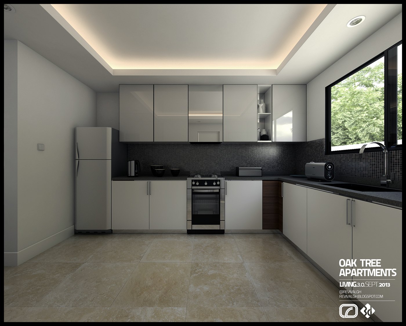 Render of the kitchen with no styling: pale grey gloss cabinets, black worktops and splashback, a tall fridge, built-in oven and hob, a window over the sink to greenery, and a cove-lit ceiling recess.