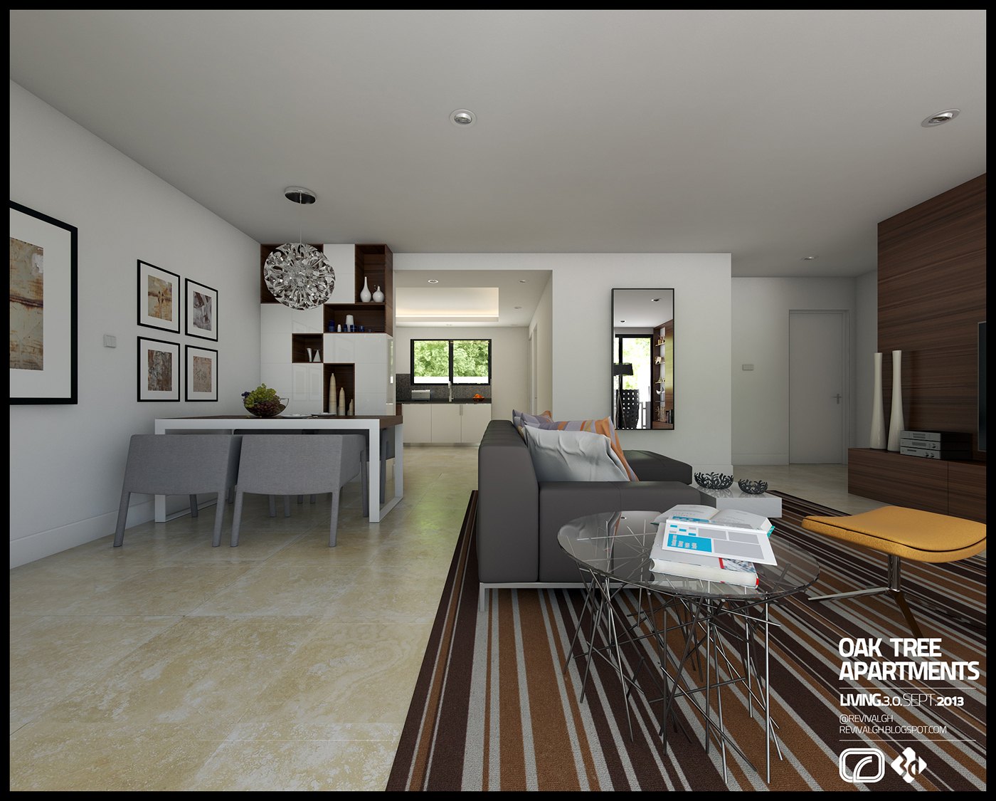 Living and dining render from the opposite end: a grey sofa on a striped brown rug, glass nesting tables, an orange lounge chair, gallery frames and a display shelf on the white wall, kitchen visible through the opening beyond.
