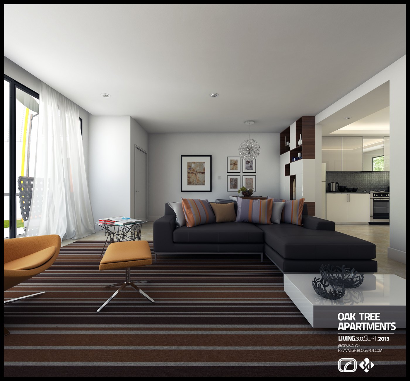 Wide angle interior render tying the rooms together: L-shaped grey sectional with orange and brown cushions, striped rug, tan ottoman, dining table at the left and the pale kitchen in the background under a cove-lit ceiling.