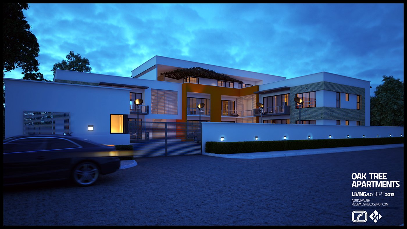 Dusk exterior render of the block from the street: warm light in the windows, an orange stair bay glowing at the centre, blue evening sky, a boundary wall and a car passing at the left.