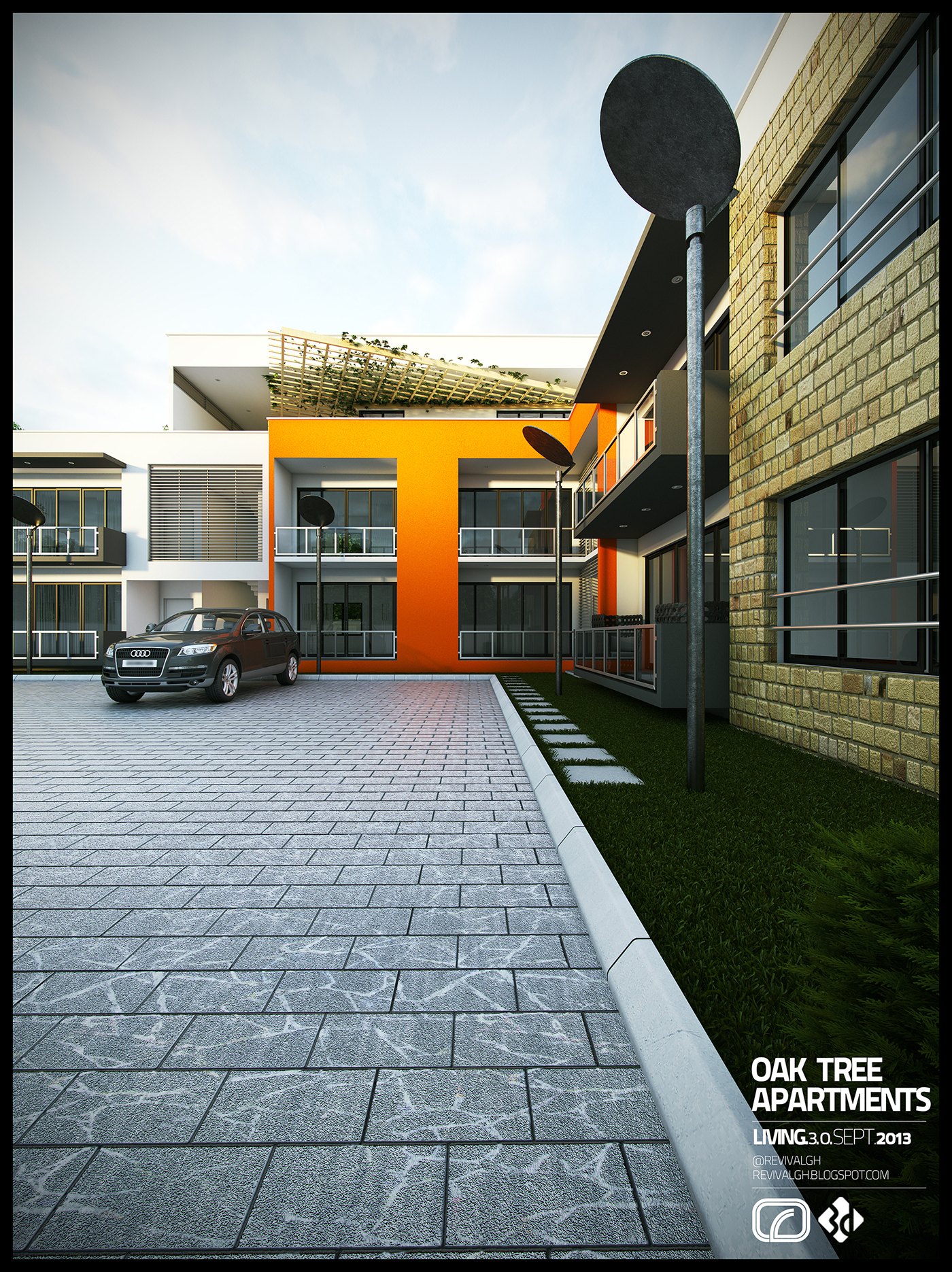 Daylight exterior render across the paved courtyard: brick and white volumes with an orange entrance wall, a car parked at the door, a sculptural street luminaire in the foreground and planted lawn strips at the right.