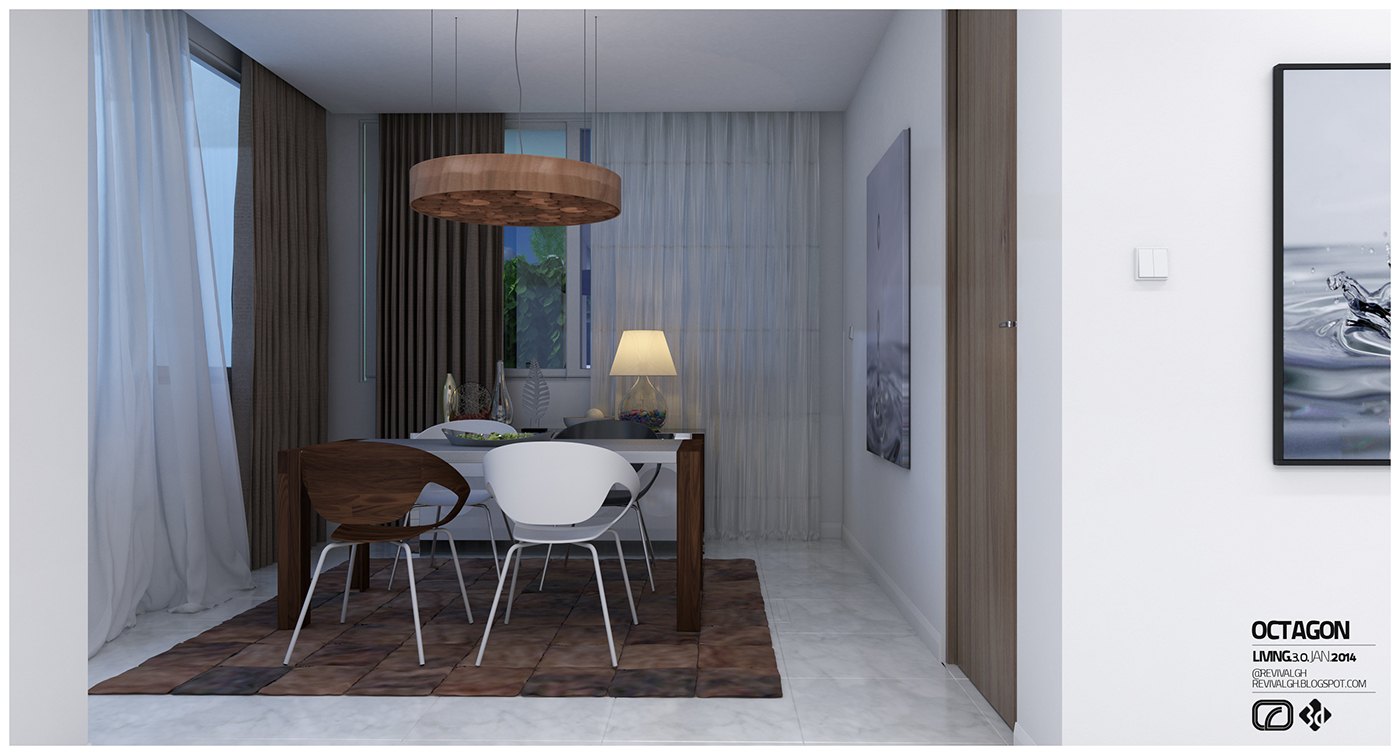 Visualization of a dining room: dark timber table with white and moulded wood chairs, a round slatted pendant, sheer curtains at a glazed door, framed art on a white wall and a grey rug on a pale floor.