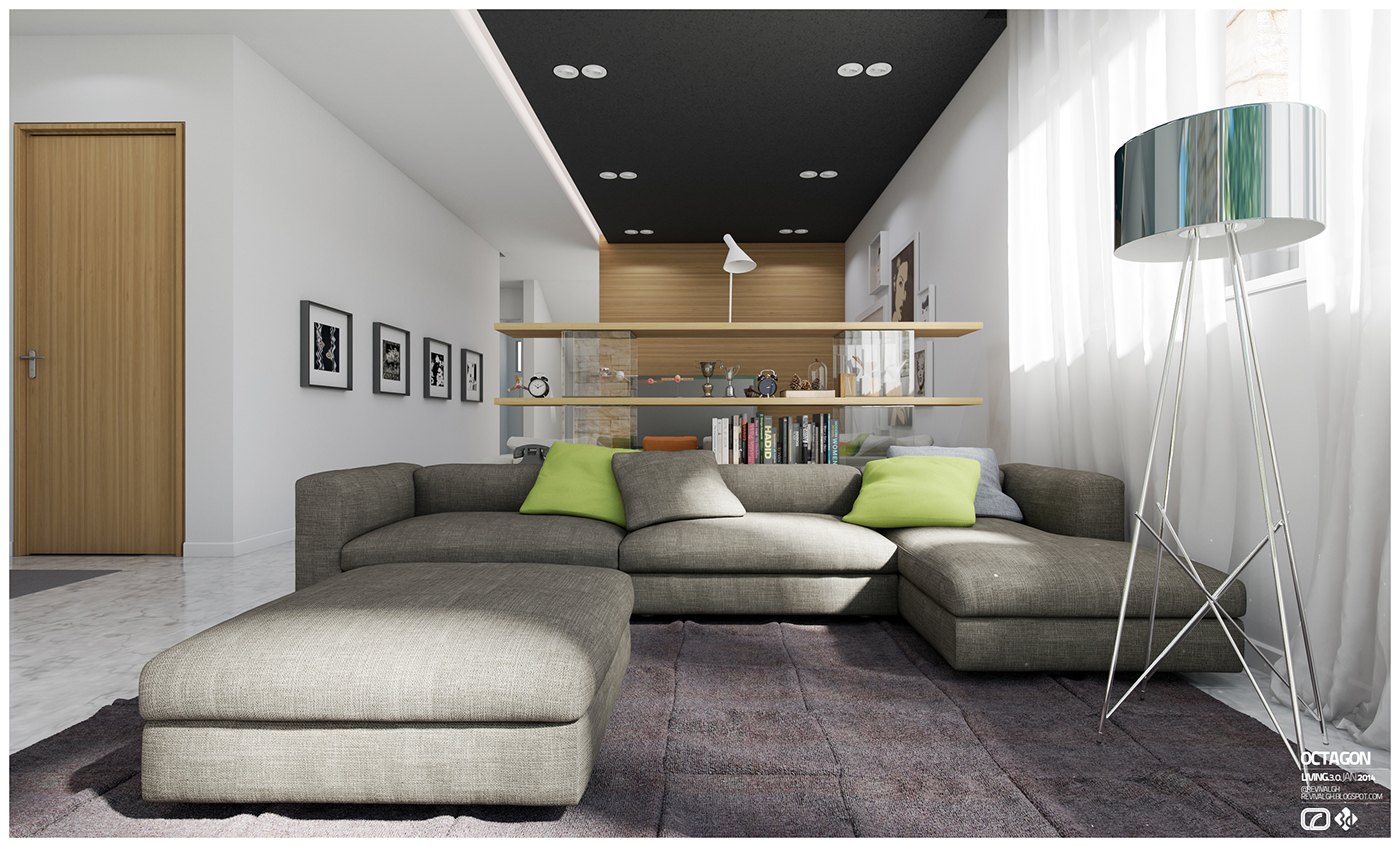 Visualization, lounge with a black ceiling and recessed downlights: L-shaped grey sectional with lime cushions, chrome tripod floor lamp, a run of framed photographs on a white wall and open oak shelves at the far end.