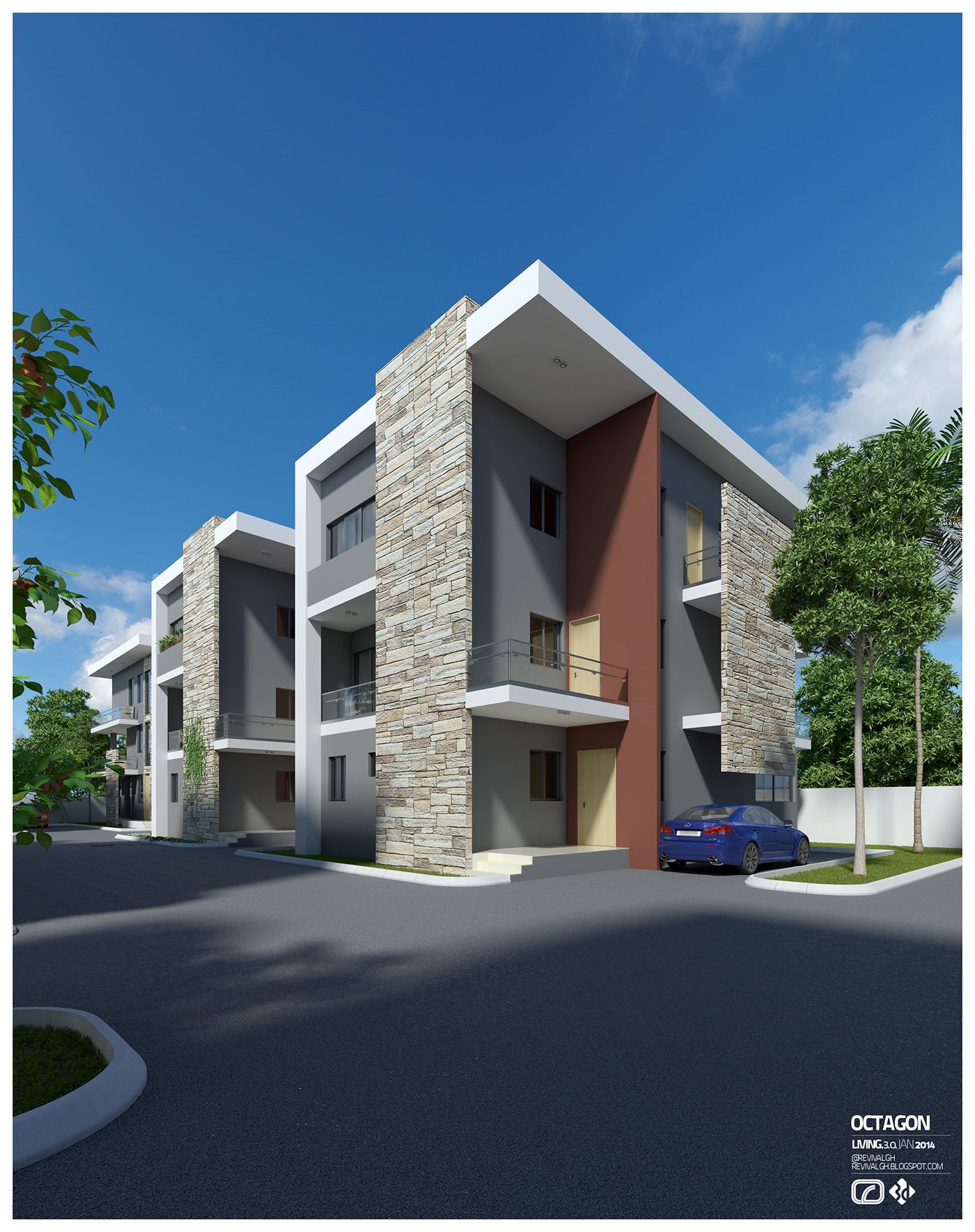 Exterior visualization of an apartment block: white cubic volumes with stone-clad piers and a rust-coloured wall, cantilevered balconies, driveway and parked cars under a deep blue sky with scattered cloud.