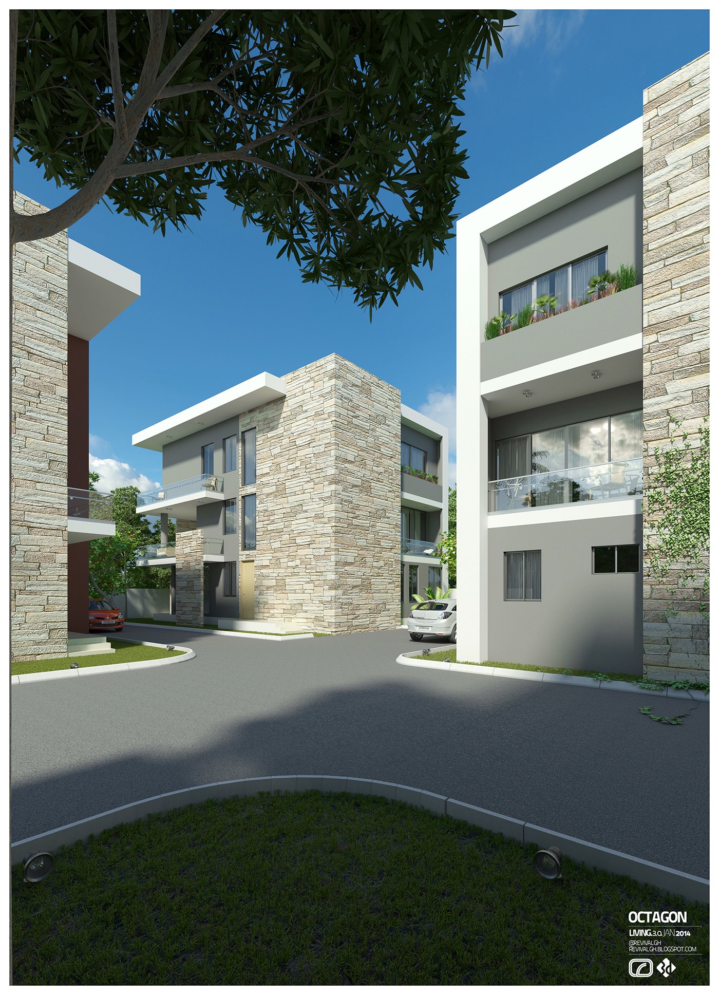 Exterior visualization across the scheme: two stone-and-white apartment blocks facing each other over a curved driveway, glass balcony rails, planted lawn and a large tree framing the top of the view.