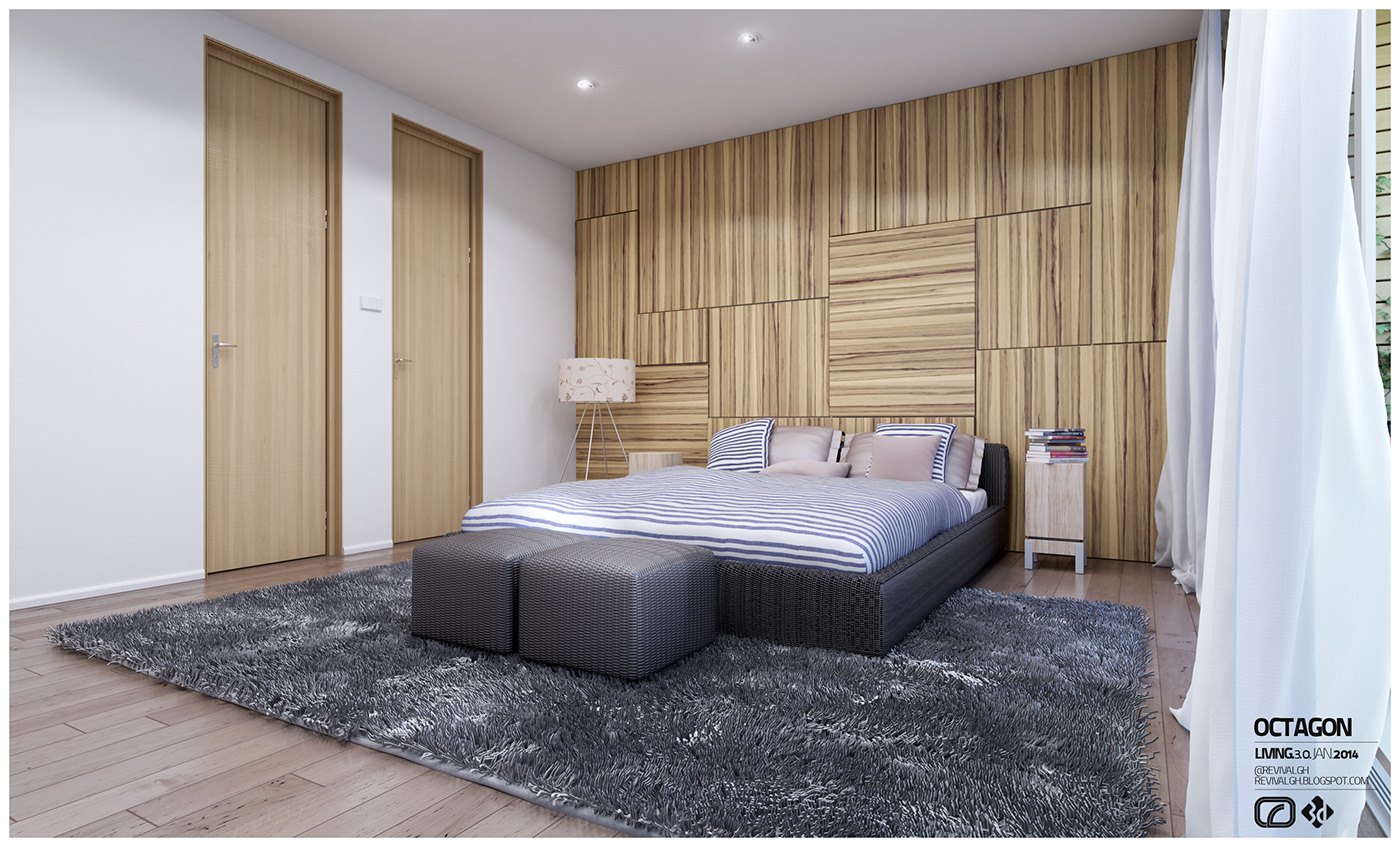 Visualization, bedroom with oak panelling behind the bed and matching sliding wardrobe doors: low grey bed, two ottomans, shaggy rug, pale floor and a small side table with a lamp.