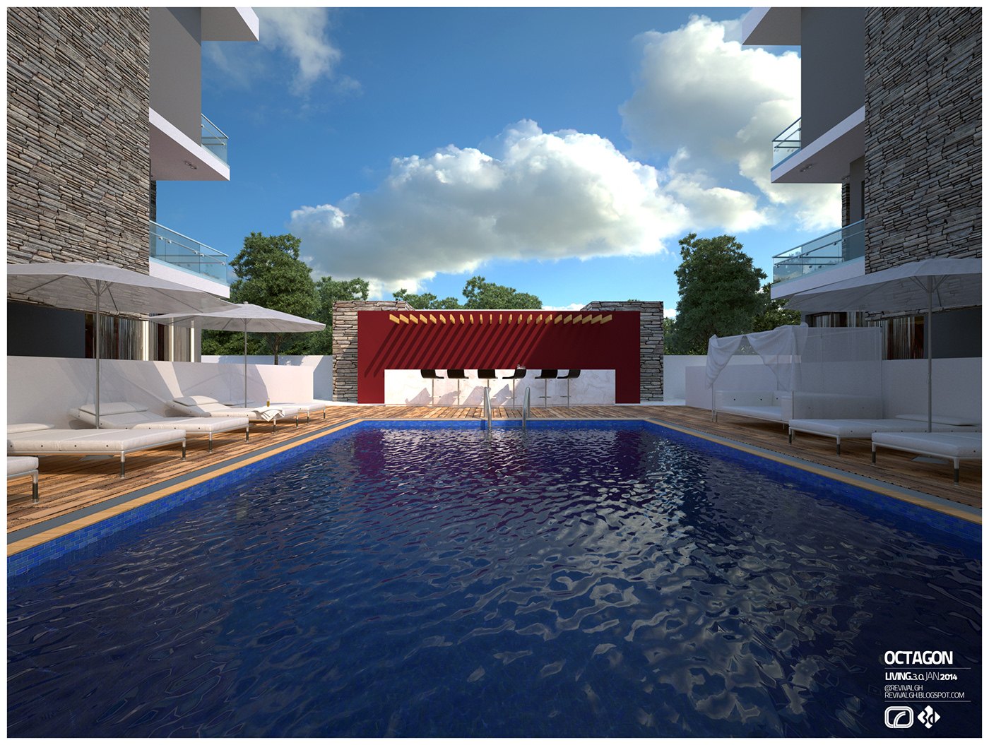 Visualization of the pool deck: a rectangular swimming pool with white loungers and parasols on timber decking, a red pergola structure at the far end and stone-clad apartment blocks rising either side under cloud.