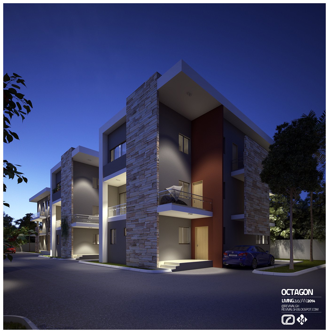 Dusk visualization of the same apartment block: warm light glowing from the entrance and balconies, uplit stone piers, a car at the kerb and a deep blue twilight sky above the roofline.