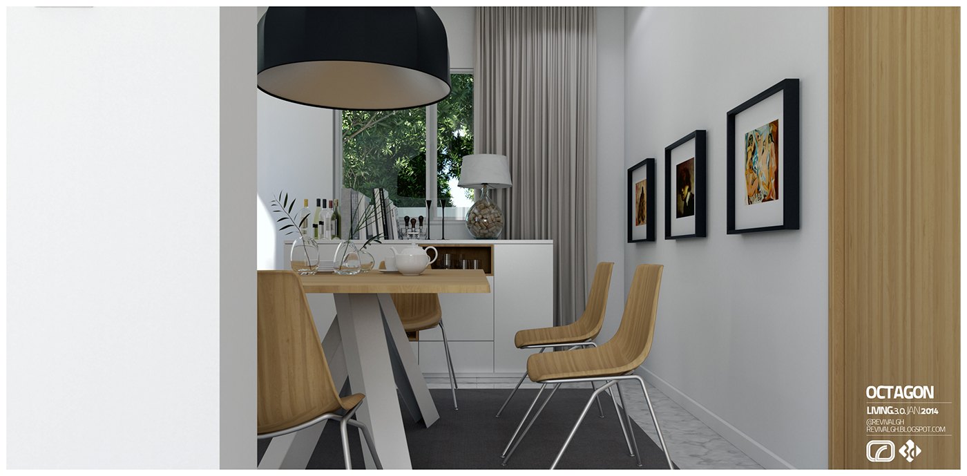 Visualization, breakfast bar detail: a light wood counter with two saddle-seated stools, a black dome pendant above, framed photographs along a white wall and an oak panel at right, warm cove light on the floor.