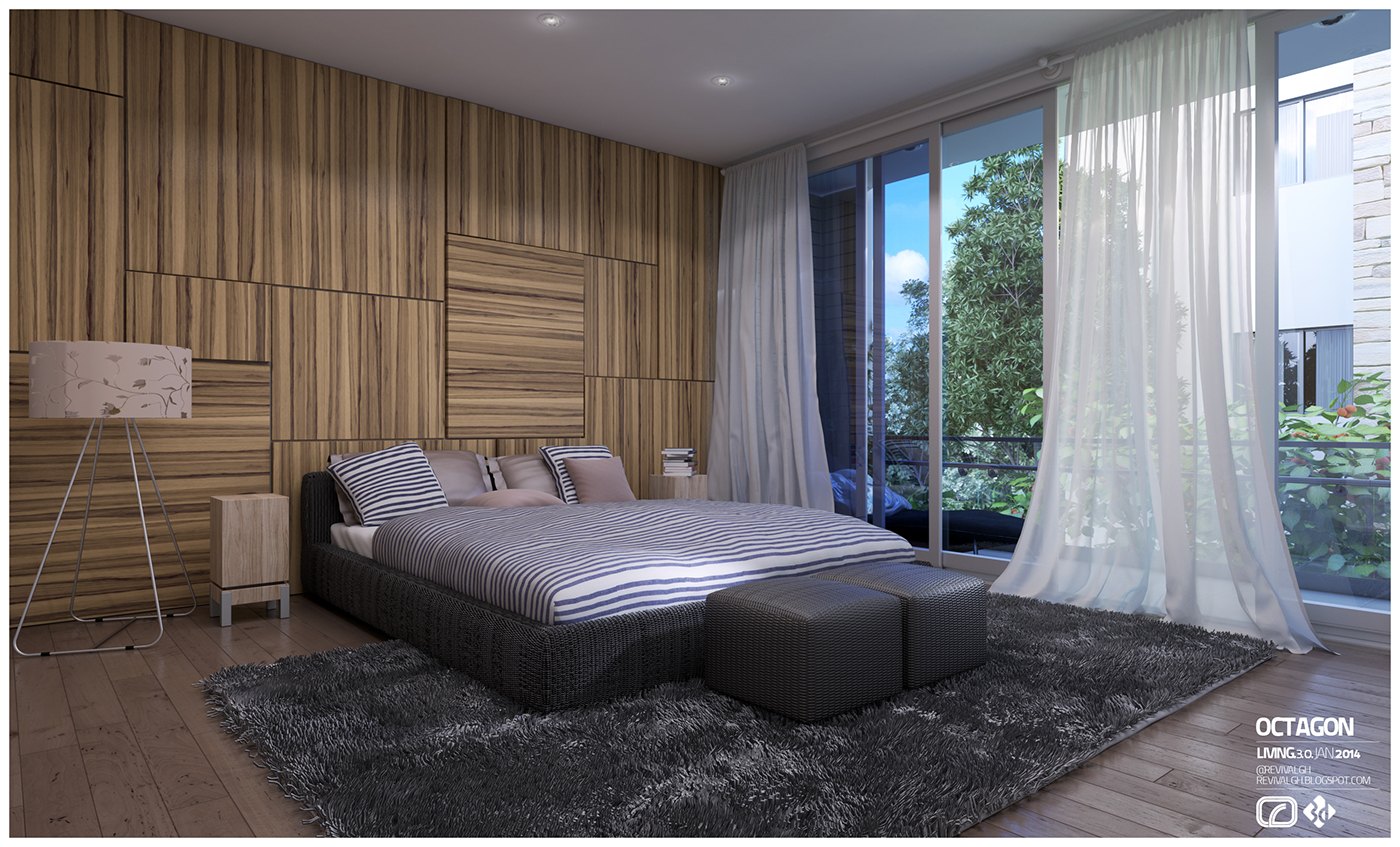 Visualization, bedroom with a full-height oak slat feature wall behind a low grey bed, two dark ottomans, a shaggy grey rug, tripod lamp and floor-to-ceiling glazing dressed in sheer white curtains.