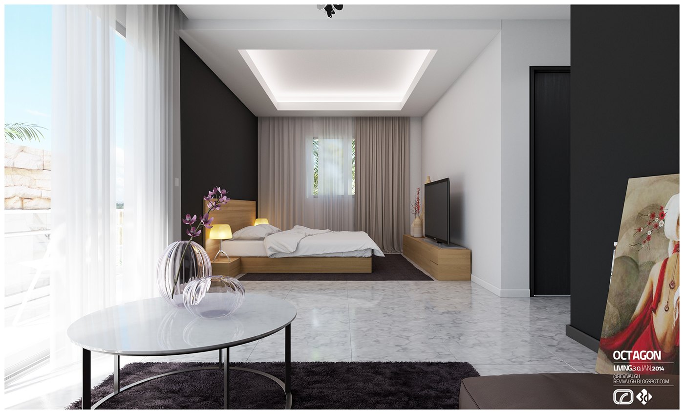 Visualization of a master bedroom: black accent walls, a lit coffered ceiling, low timber bed platform, marble floor, round marble-topped table in the foreground and a television on a long oak sideboard.