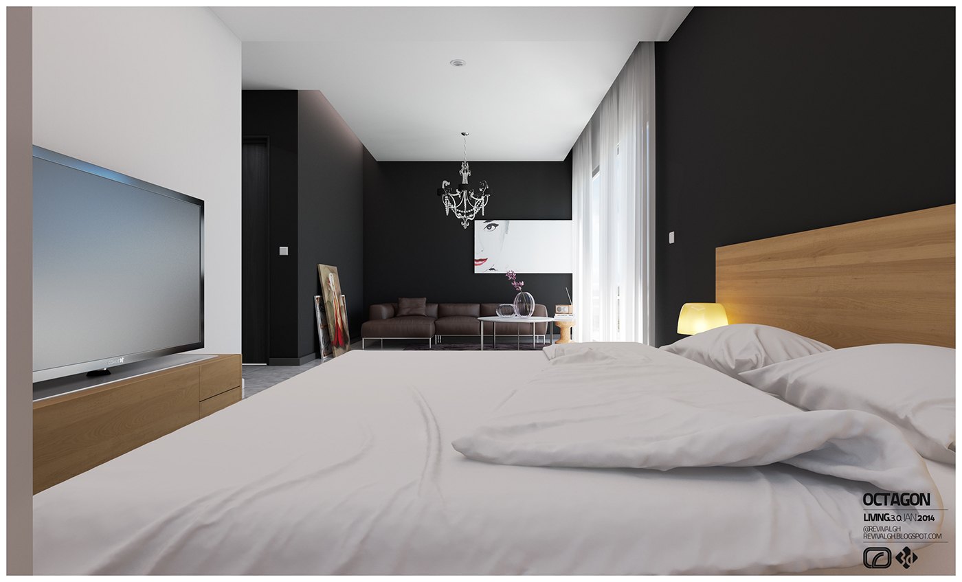 Visualization, second bedroom seen from the foot of the bed: white linen, oak headboard, black walls, wall-hung screen on a white panel, a small chandelier and sheer curtains diffusing bright daylight.