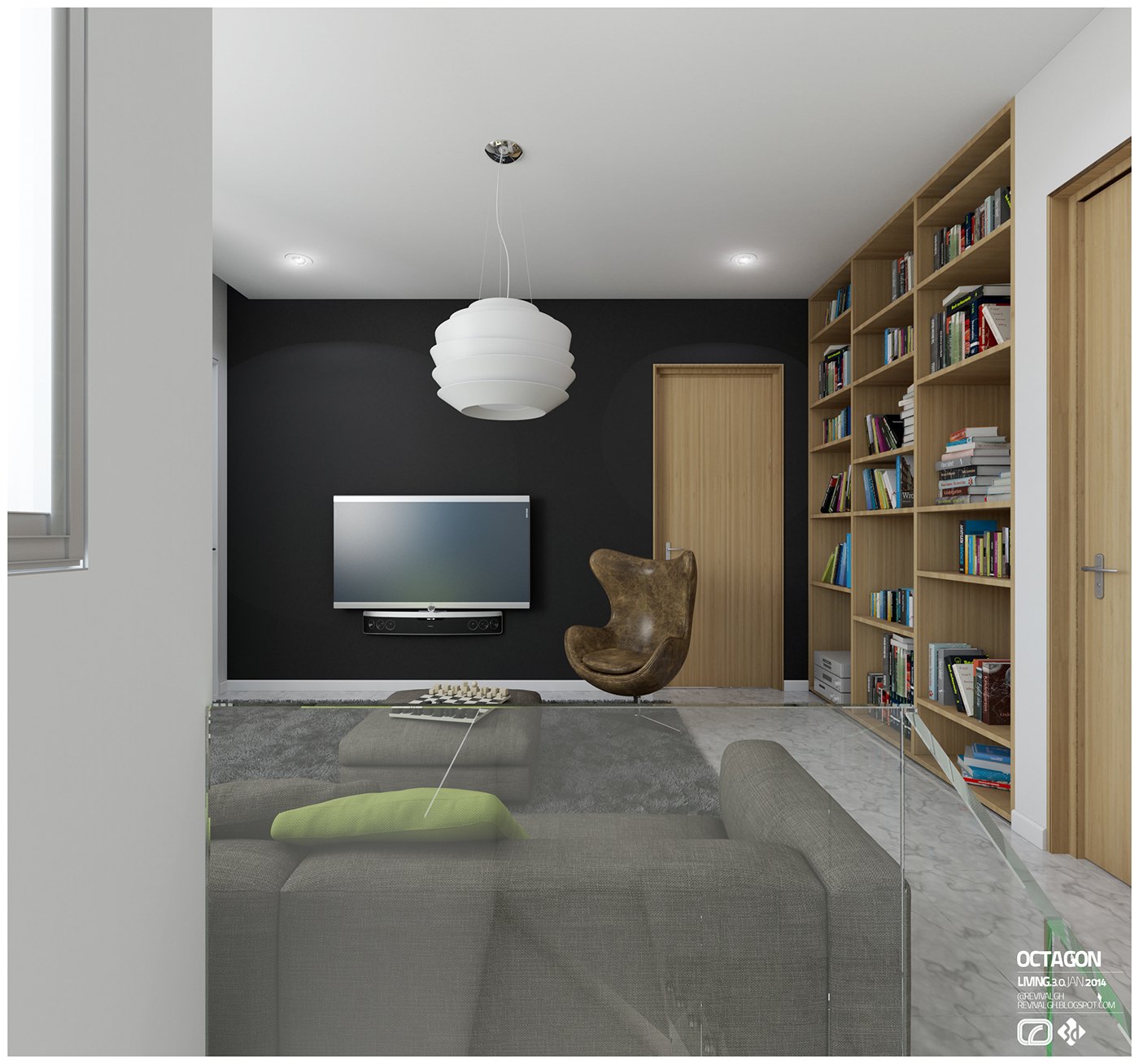 Visualization, living room with a black feature wall carrying a flat screen, a white drum pendant, floor-to-ceiling oak shelving packed with books, grey sofa with a lime cushion and a brown lounge chair.