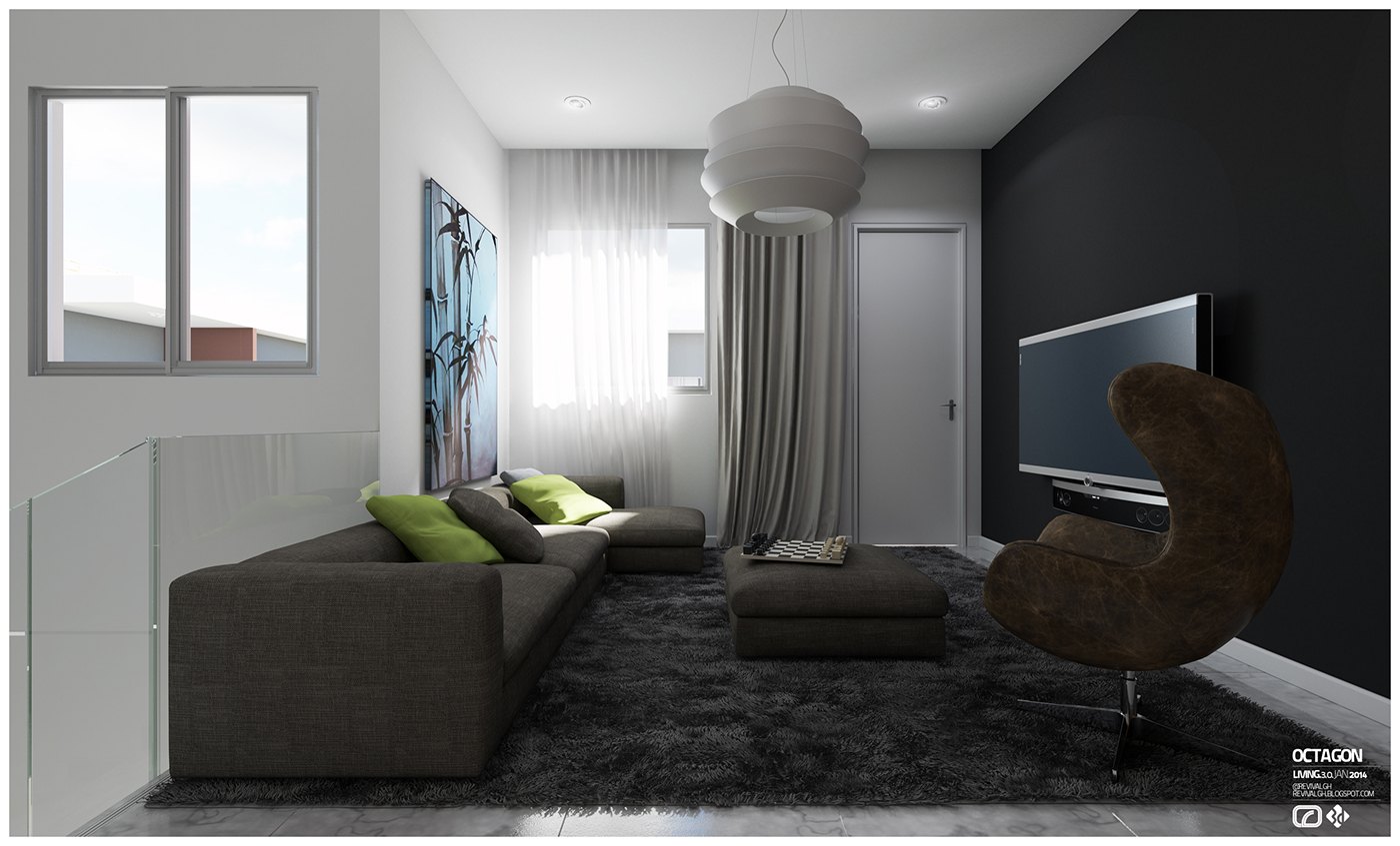 Visualization of a snug: grey sectional with green cushions on a dark shag rug, sculptural white pendant, black media wall with television, moulded brown chair and an abstract canvas by curtained glazing.
