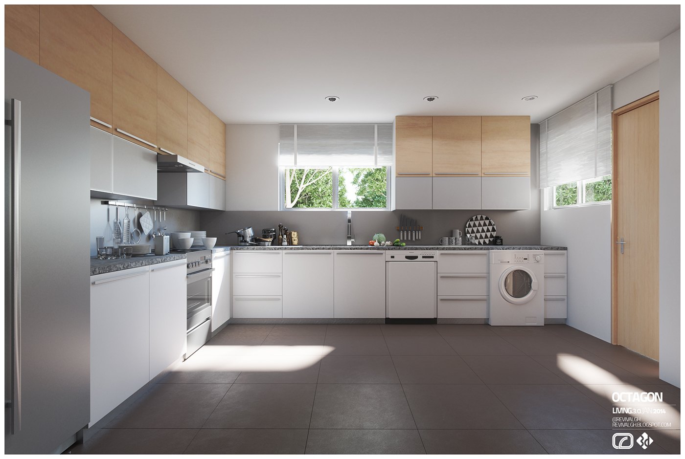 Visualization, another kitchen view: white base units with oak upper cabinets, grey counters and splashback, window over the sink, washer under the worktop and sunlight raking across dark floor tiles.