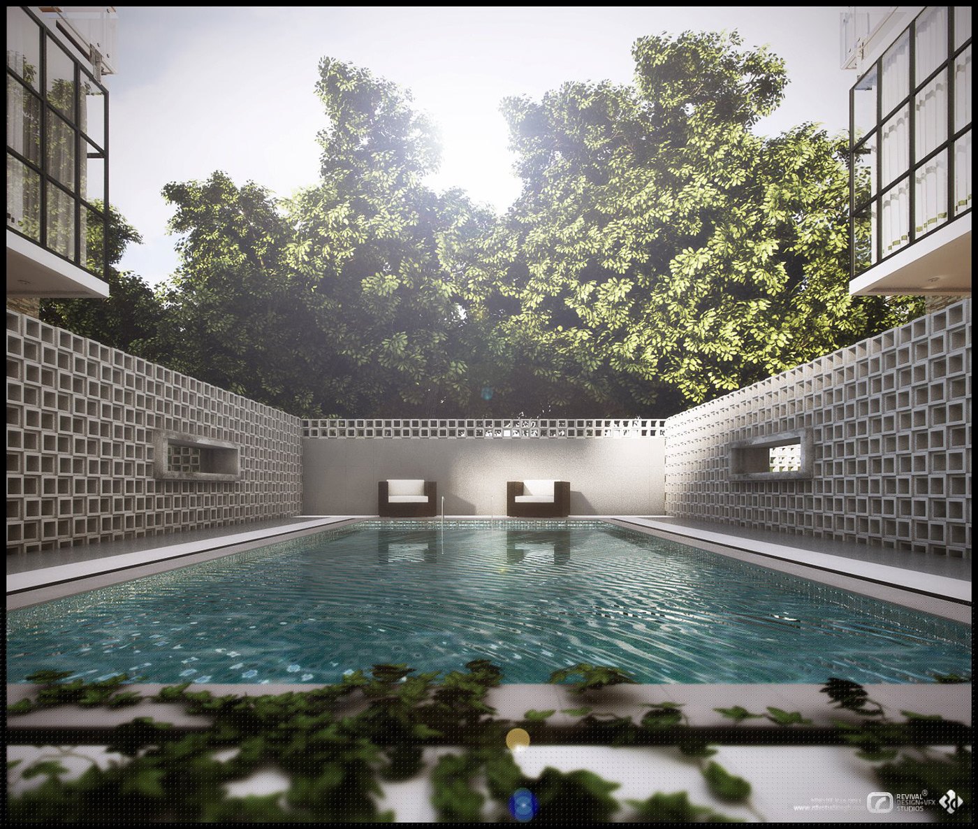 Visualization of a courtyard pool between two apartment blocks: square-cell concrete boundary walls, loungers set into wall niches, sun flare through mature trees, lily pads at the near edge and a small credit block bottom right.
