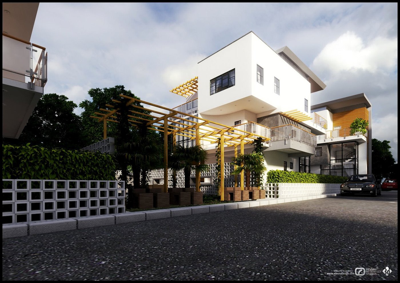 Visualization from the approach: a cantilevered white block over timber pergola screens, yellow walls behind glass balcony rails, a perforated block wall and clipped hedge at the pavement, cars on the asphalt at right.