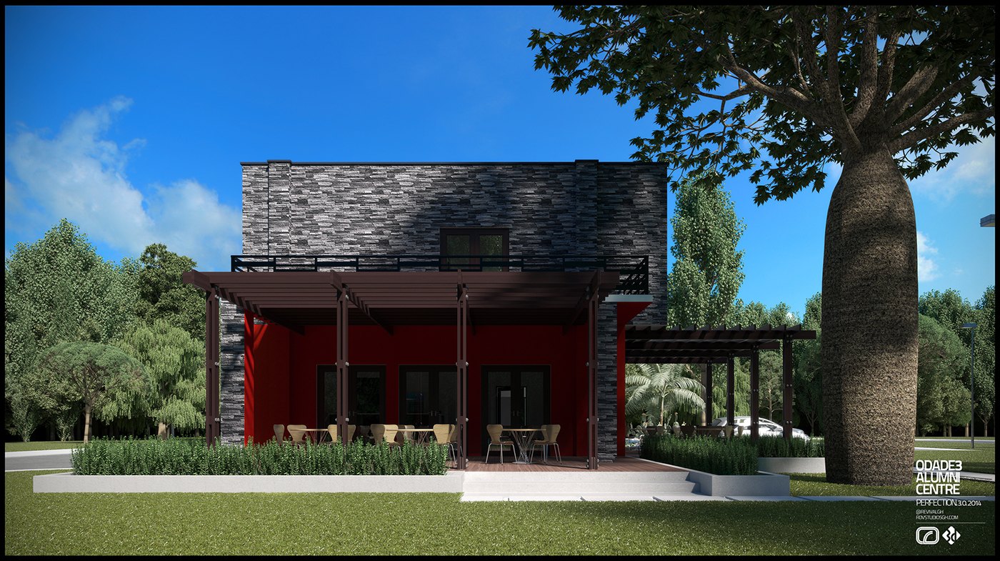 Exterior render: a single-story pavilion in deep red with a stone-clad upper box and timber terrace pergola, outdoor lounge chairs on a white plinth, a large baobab tree and lawn, small ODAde3 logo bottom right.