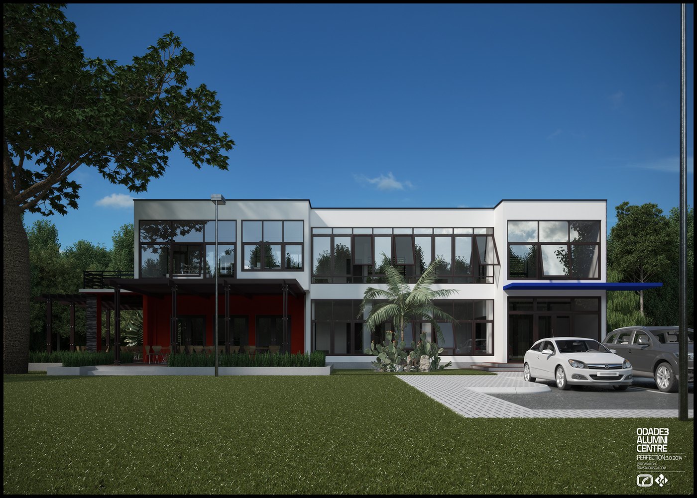 Street-facing exterior render: a white two-story block with horizontal ribbon glazing, a recessed red entrance volume and a blue canopy, palm planting and two cars on a paved forecourt under a clear blue sky.