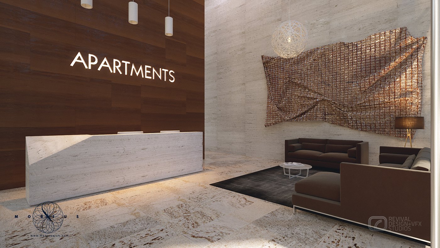Interior visualization of an apartment lobby: a dark timber wall carries white APARTMENTS lettering above a pale stone reception desk, three cylindrical pendants hang over it, and a woven timber screen art panel hangs on the concrete wall beside a tan leather sofa.