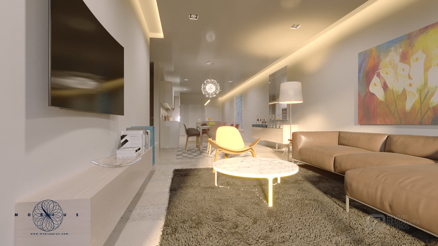 Living room render taken from the media wall: a flat screen is mounted on a white feature wall above a floating console, a pale rug and marble coffee table sit in front, and the dining zone and cove light continue beyond.