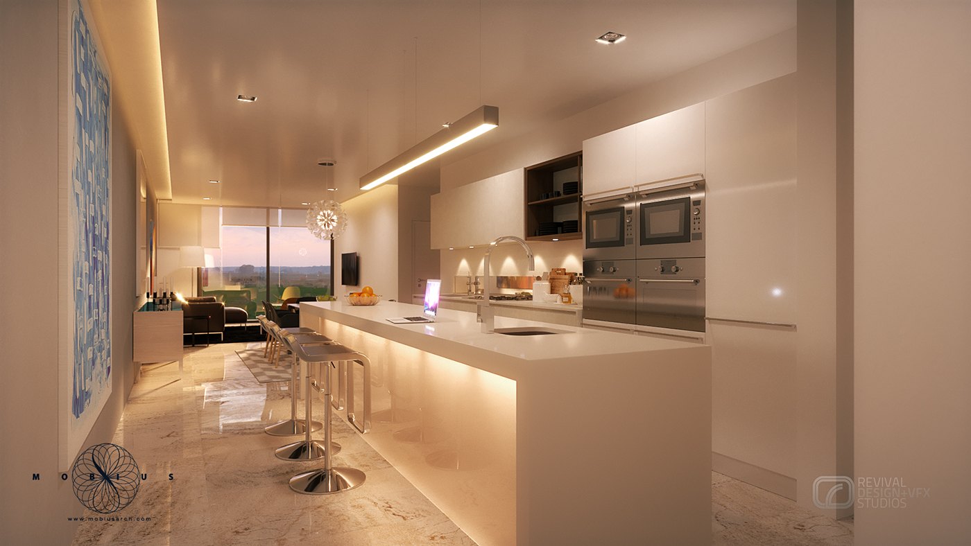 Open-plan kitchen visualization: a long white island with leather bar stools runs toward a glazed end wall showing dusk sky, a single linear pendant hangs above the stone top, and glossy white cabinets with built-in ovens line the right side.