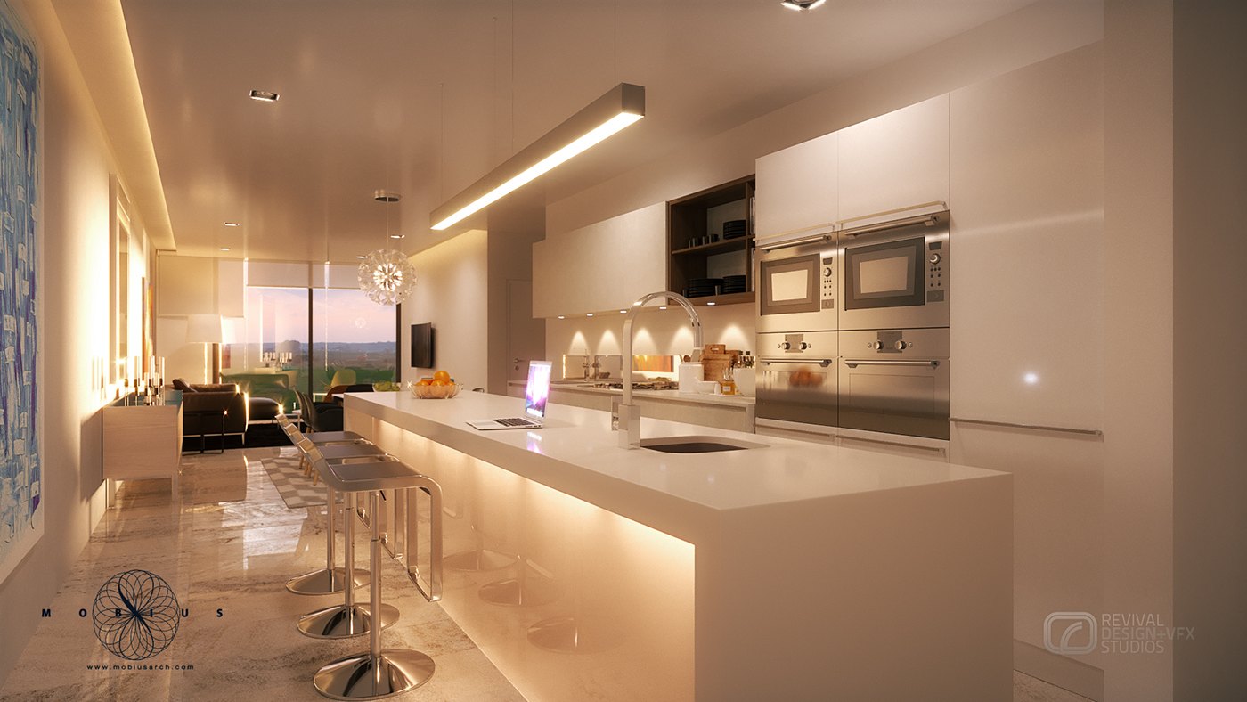 Slightly reframed night view of the same kitchen: warm toe-kick and under-cabinet lighting lifts the island off the polished floor, a glass-fronted cabinet glows at the far end, and the blue abstract panel on the left wall repeats from plate 11.