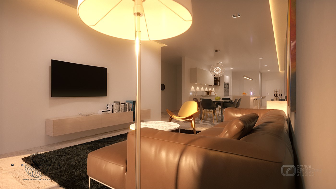 Evening living room render dominated by a large drum floor lamp shading warm light over a tan leather sofa; a wall-mounted screen and floating console sit opposite on a white wall, and the dining area glows in the distance.