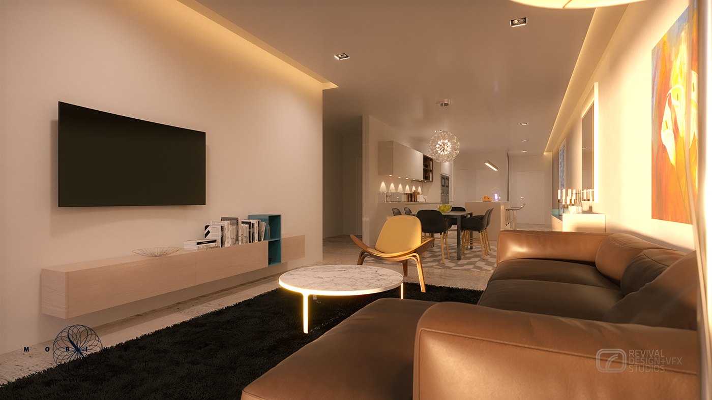 Apartment lounge at night from the sofa end: the media wall and console read cool white against warm cove light, an accent chair and marble table sit on a dark rug, and the dining zone continues under a lit ceiling reveal.
