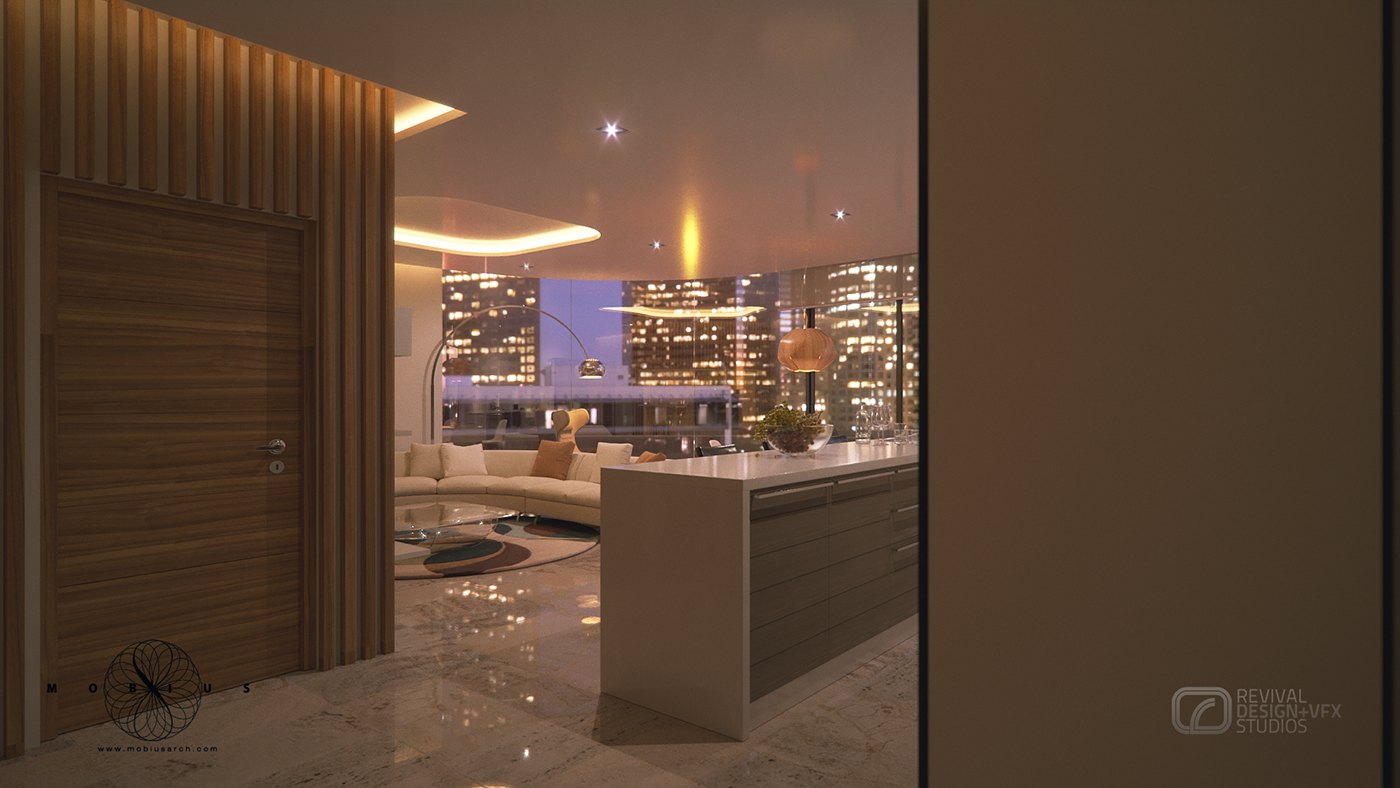 Interior render looking through a slatted timber screen and door toward a lounge, with a night city skyline glittering beyond the glazing and a planted island in the middle of the polished reflective floor.