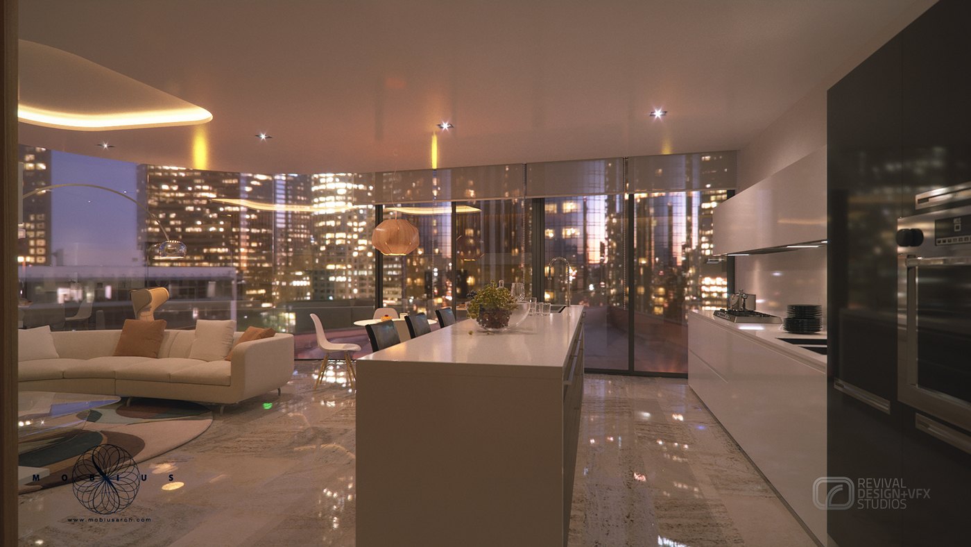 Wide penthouse interior at night: full-height glazing frames a dense lit skyline, a white sofa and pale rug sit under a curved ceiling cove, and the kitchen island and glossy cabinets run along the right side of the room.