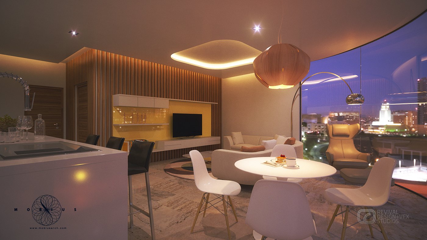 Penthouse dining render at dusk: a round white table with moulded chairs sits below a copper-toned pendant, a backlit shelving niche and a wall screen are set into timber slat panelling, and a curved ceiling cove glows over a blue-purple skyline.