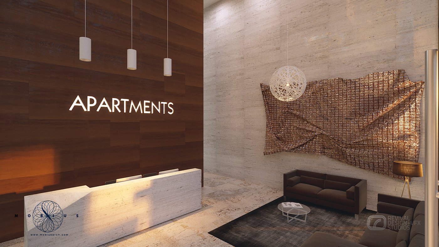 Closer view of the same lobby, rendered in warm interior light: the APARTMENTS lettering fills the timber wall, the stone desk is lit from its cove, and the timber screen artwork and low leather seating sit against a board-marked concrete wall.
