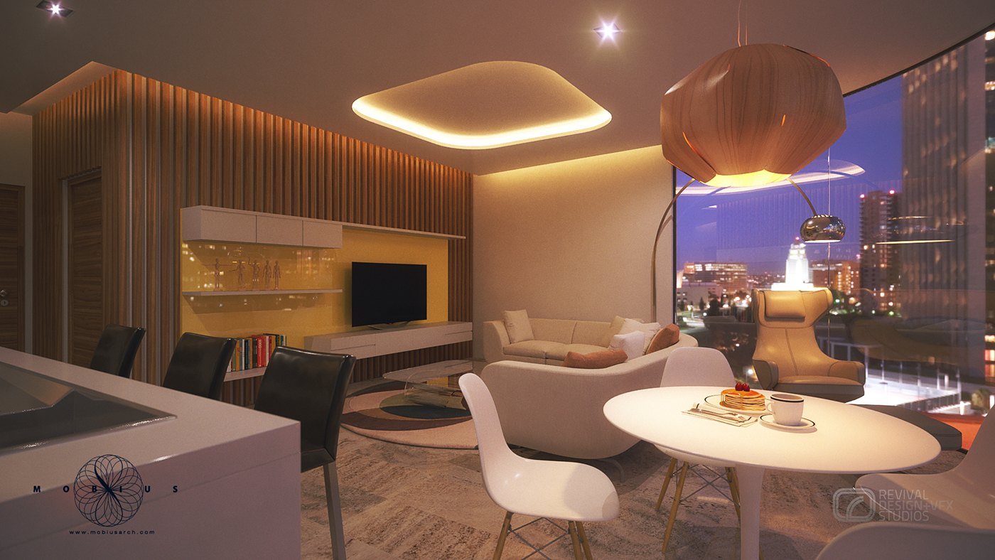 Same penthouse dining and lounge view as plate 19, tightened: the glowing bar niche, white sofa and copper pendant cluster at the window while the twilight city sits low beyond the glass.
