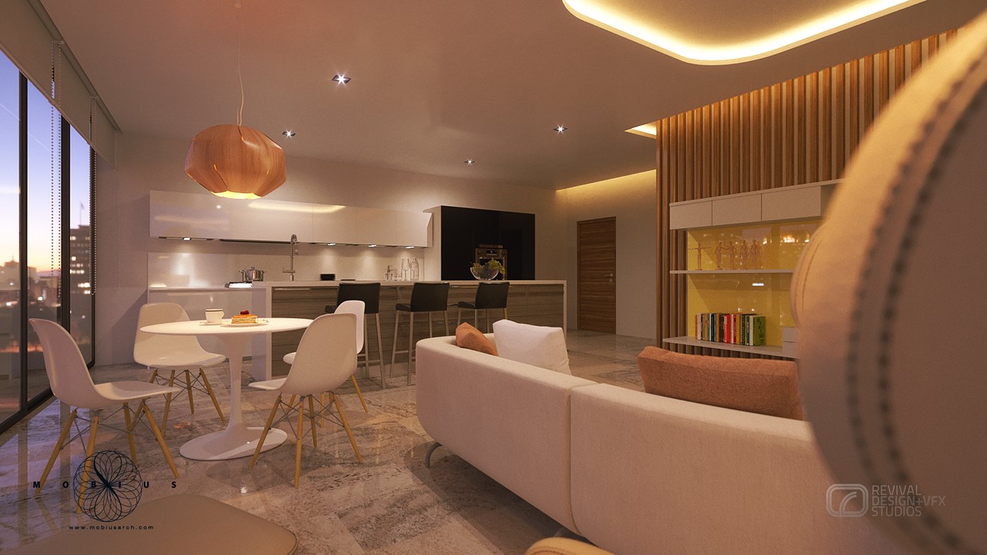 Opposite angle of the same penthouse: the open kitchen with its island and stools reads across the room, a round dining table with white chairs occupies the middle, and a lit display niche and bookshelf line the timber wall.