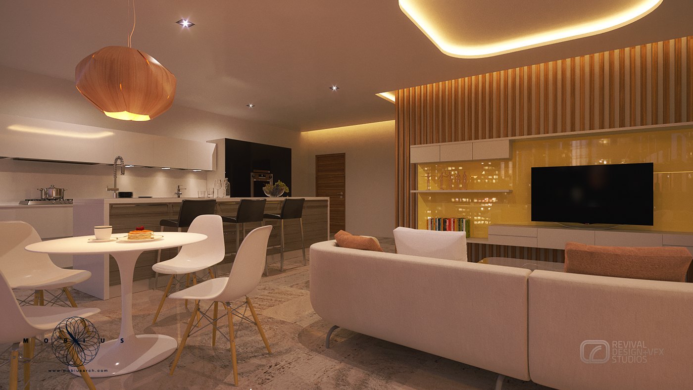 Penthouse interior at night, dining first: a white pedestal table and chairs under a paper-lantern pendant, a backlit glass niche with stemware and a wall screen beyond, dark kitchen cabinetry at the left, and a long lit ceiling reveal above.