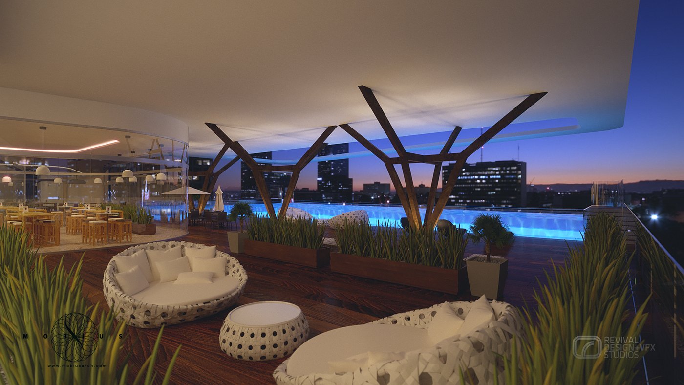 Rooftop terrace visualization at dusk: branch-like timber pergola columns carry a pale canopy over a deck, planters of ornamental grasses, white mosaic tables and low daybeds sit below, and a glowing pool edge meets the city skyline.