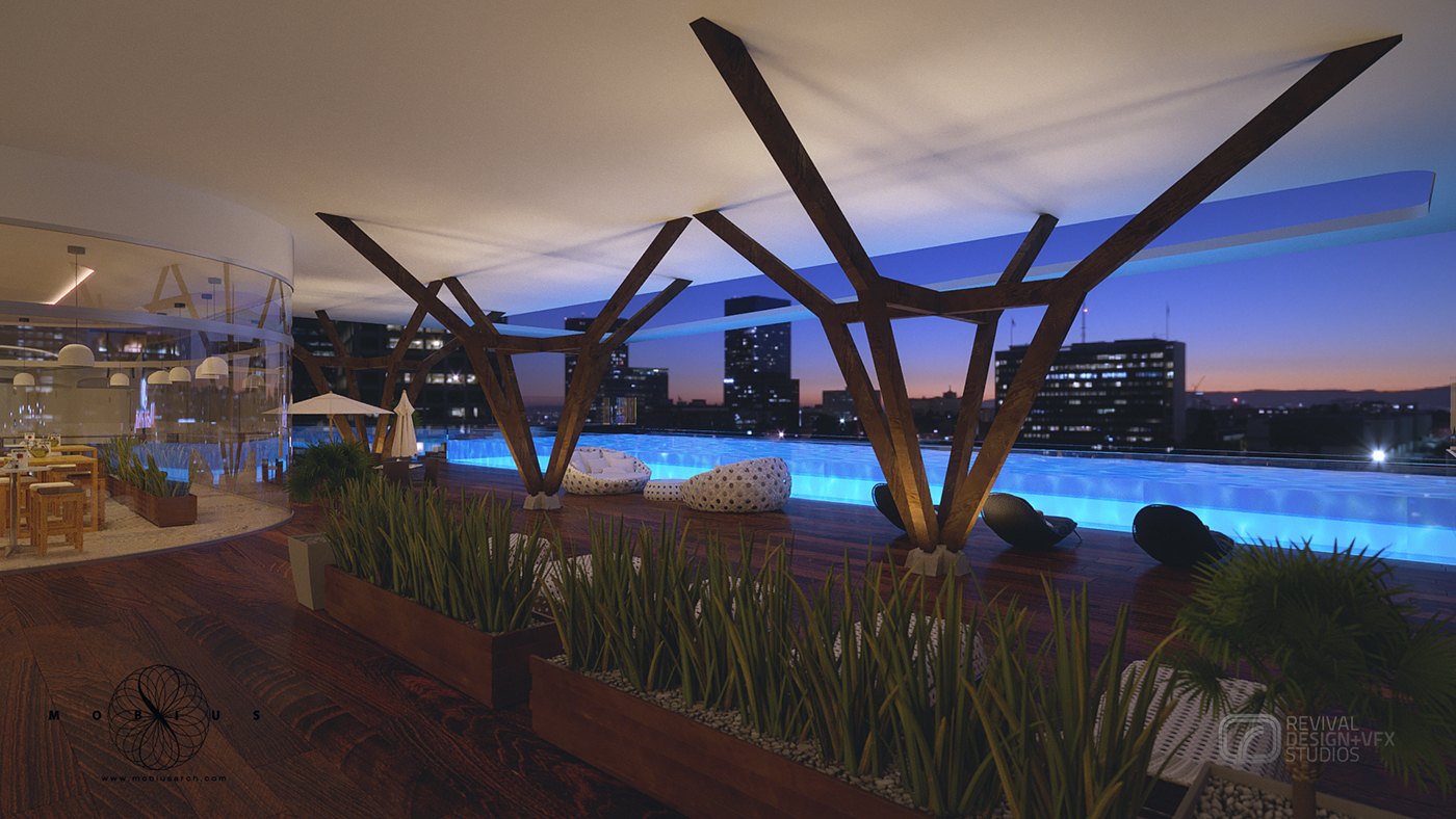 Second dusk take of the same roof terrace from a shifted position: the timber pergola frames the view across the planters and lounge poufs, with the pool lit cyan at the parapet and buildings dotting the horizon.