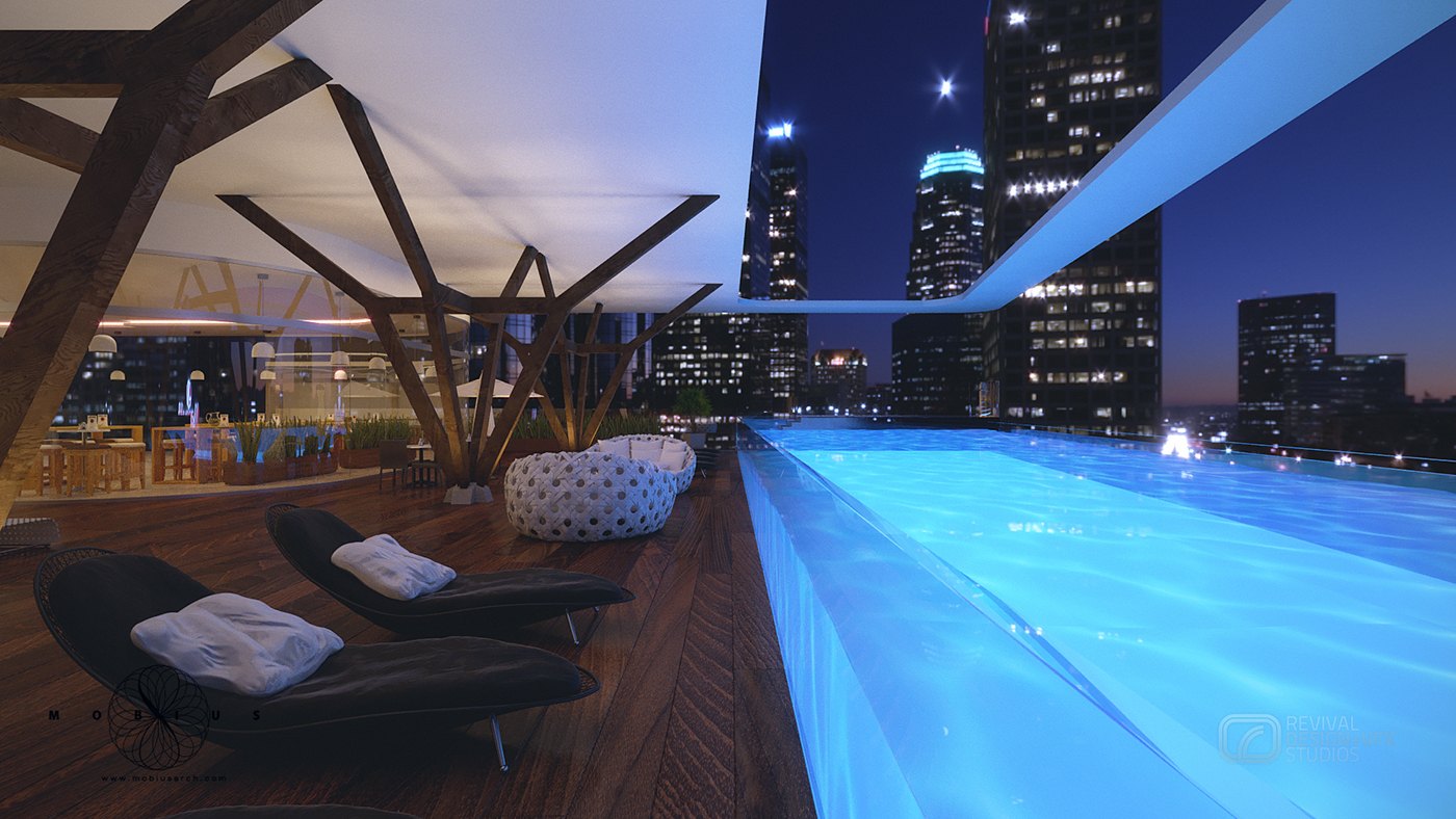 Night variant of the same poolside view as plate 25, framed slightly wider: the cyan water, deck chairs and white planter hold their positions while the tower lights behind read more clearly against the deep blue sky.